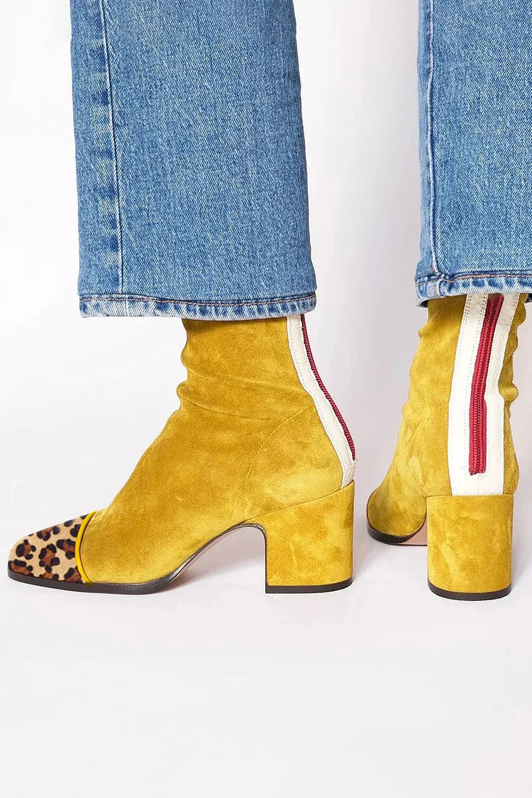 Bottes à talons carrés épais jaunes à imprimé léopard patchwork