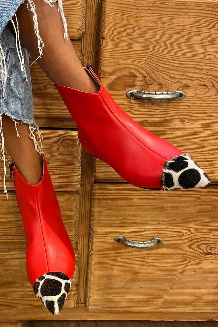 Animal Print Patchwork Pointed Toe Red Ankle Boots