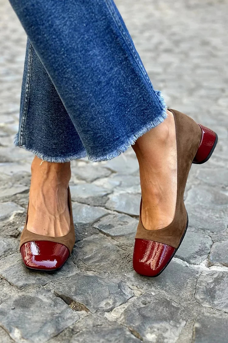 Square Toe Colorblock Dark Brown Chunky Heels