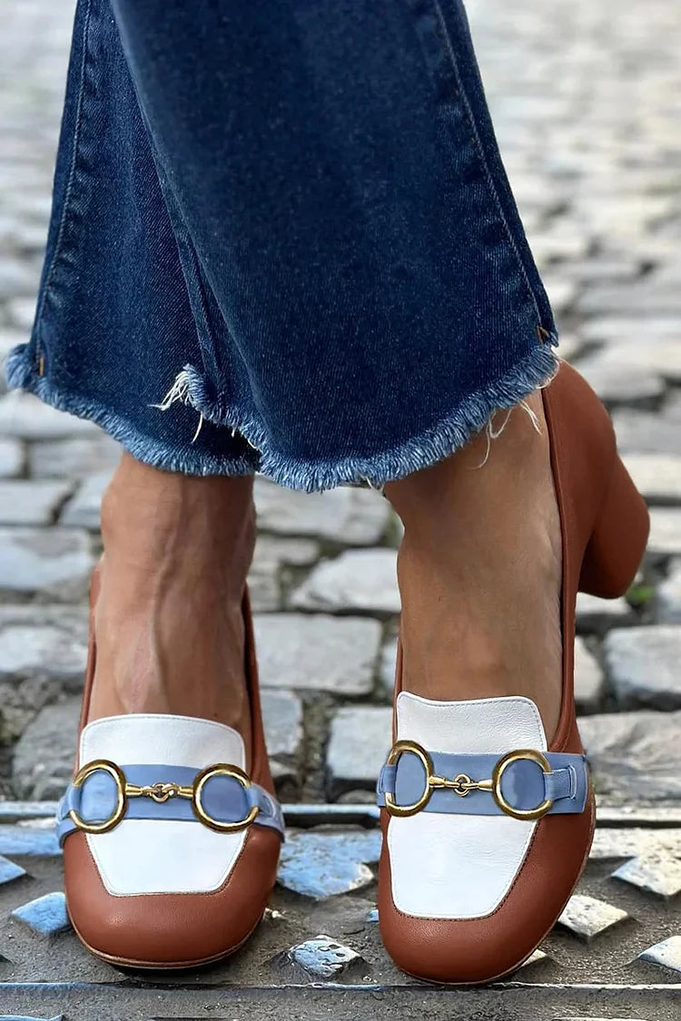 Kolorowe metaliczne klamry dekoracyjne kwadratowe palce brązowe masywne obcasy