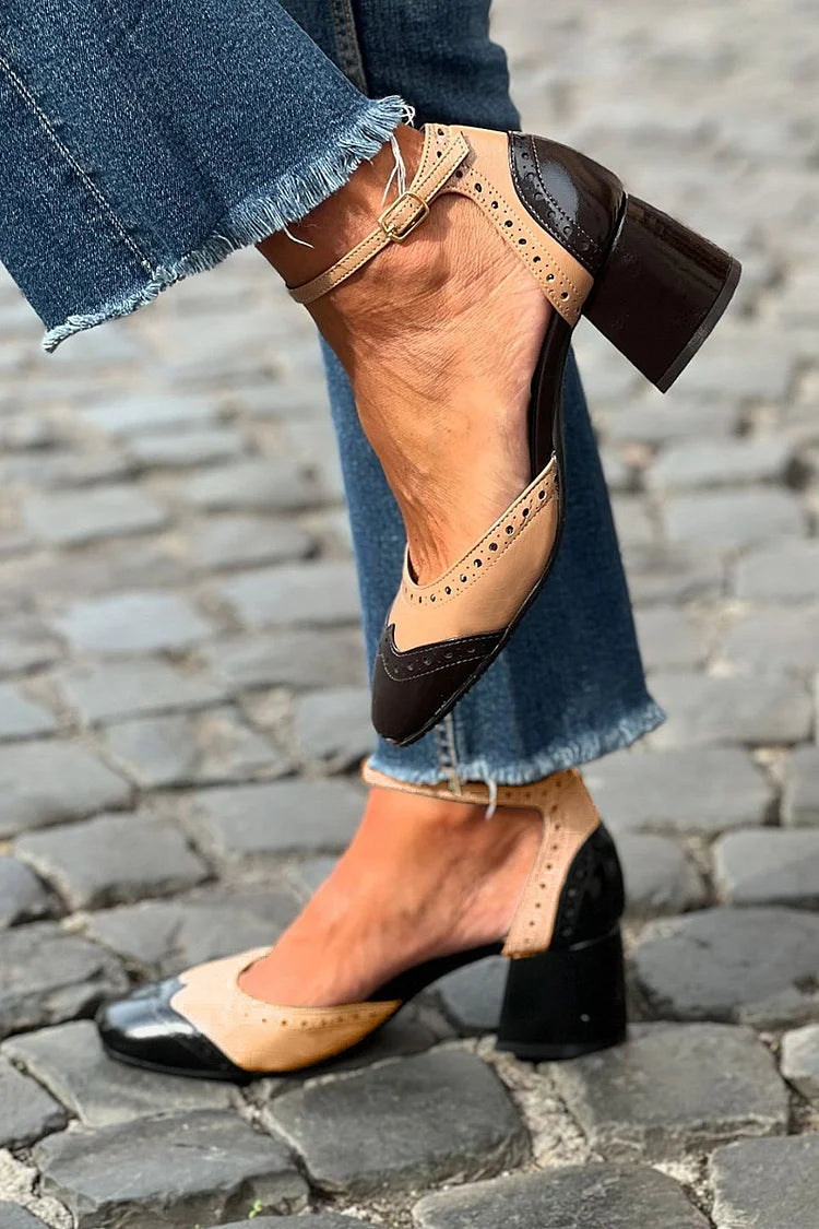 Patchwork okrągły nosek pasek na kostkę klamra khaki masywne obcasy