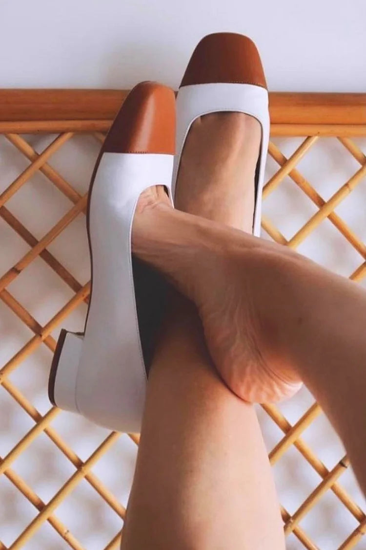 Colorblock Square Toe Slip On White Low Heels