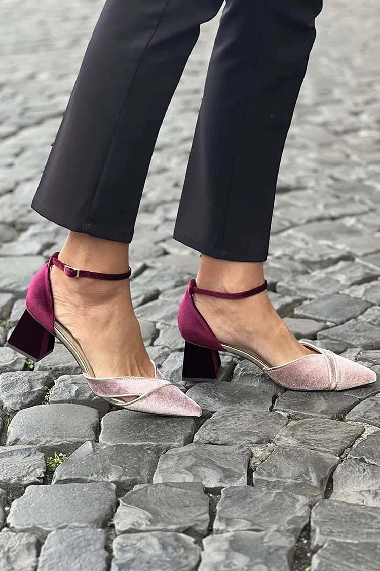 Colorblock Ankle Strap Buckle Pointed Toe Pink Chunky Heels