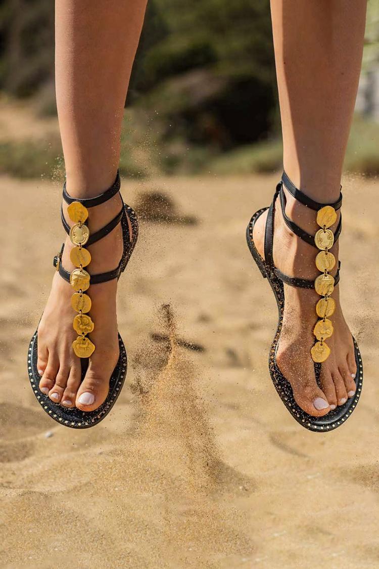 Ankle Strap Buckle Irregular Metal Decor Black Sandals