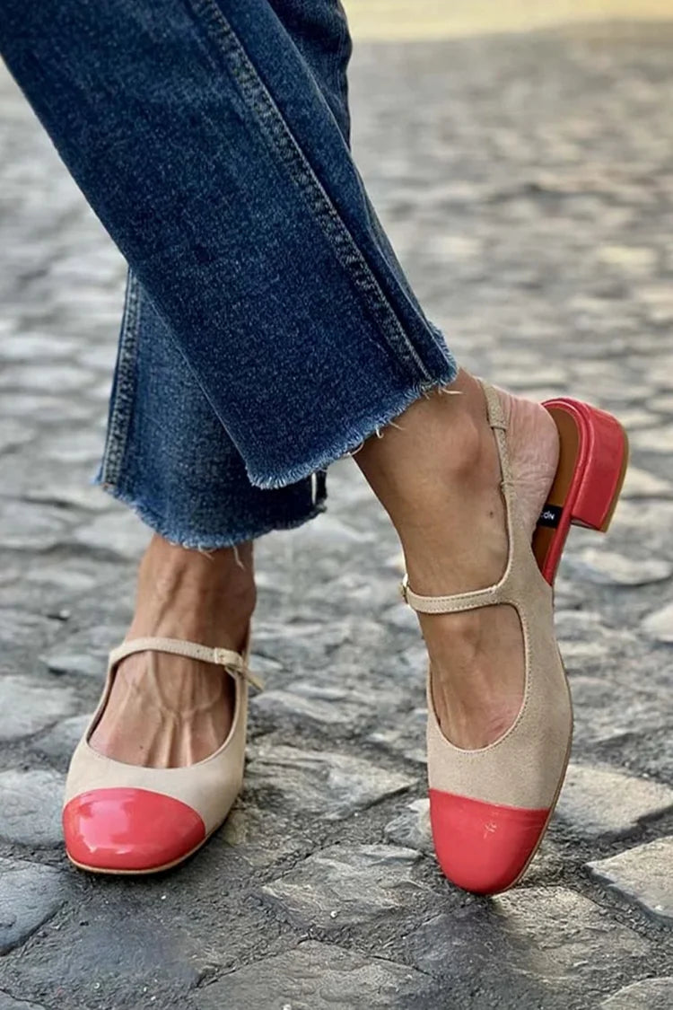Colorblock Instep Strap Buckle Round Toe Khaki Low Heels