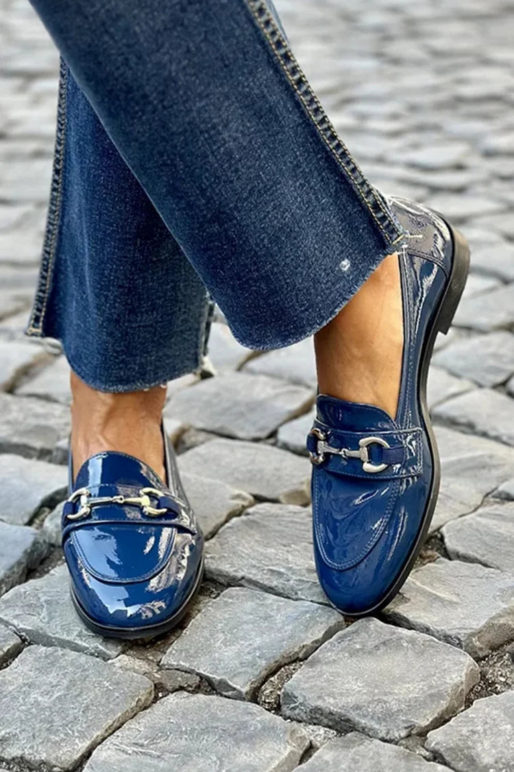 Round Toe Metallic Buckle Decor Navy Loafers
