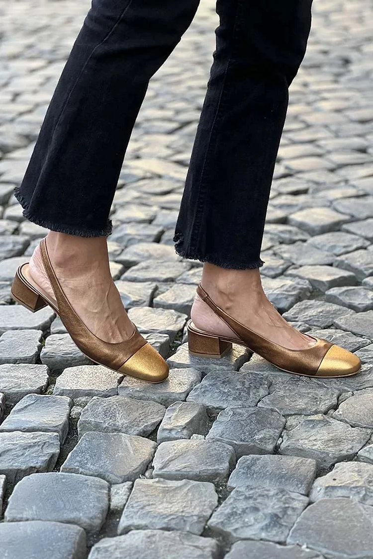 Rundspitze Patchwork Slingback Gold Niedrige Absätze