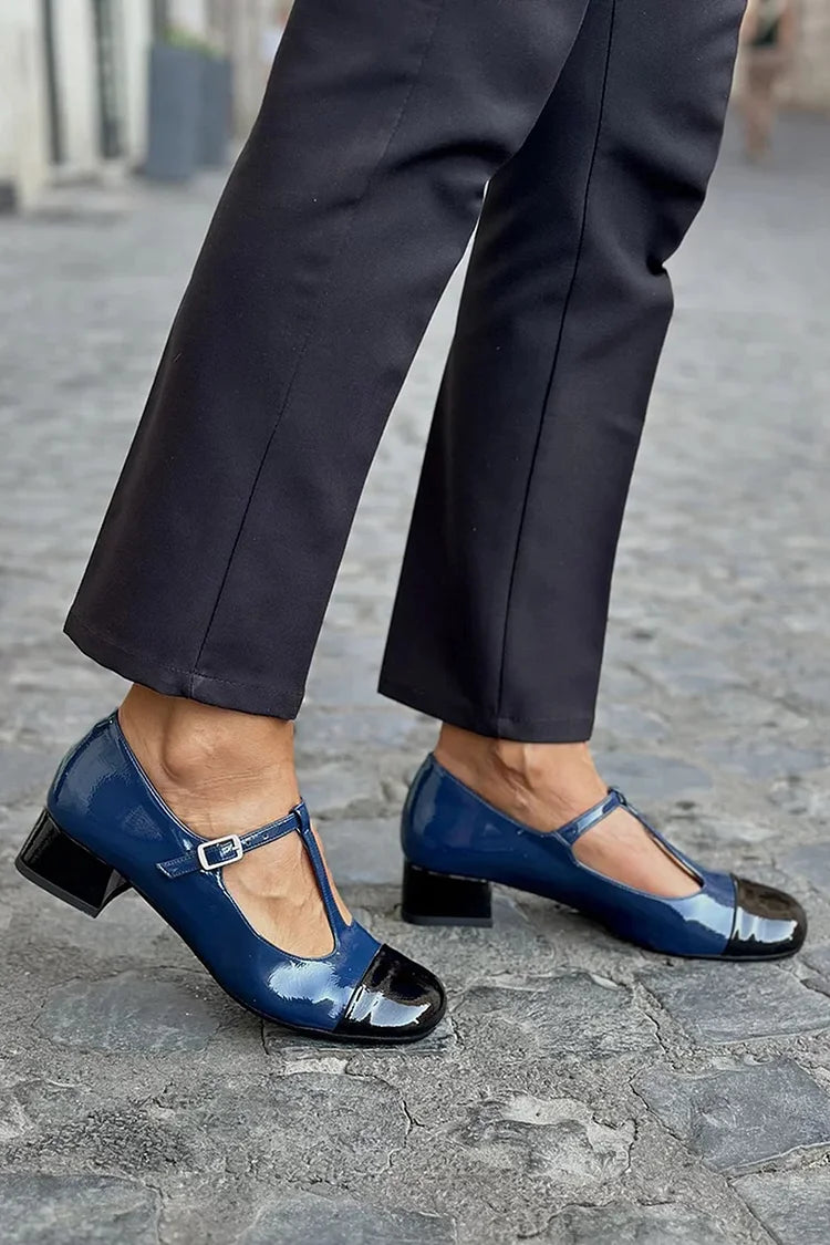 T-Strap Fivela Patchwork Salto Robusto Marinho