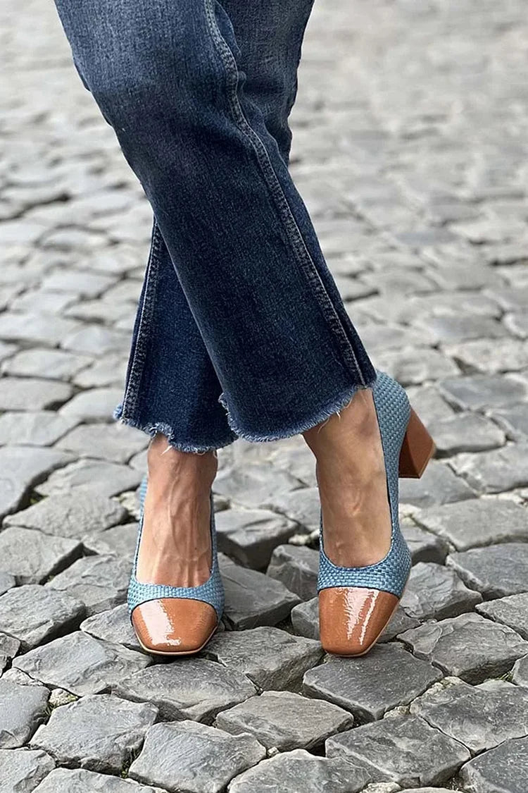 Woven Colorblock Square Toe Blue Chunky Heels