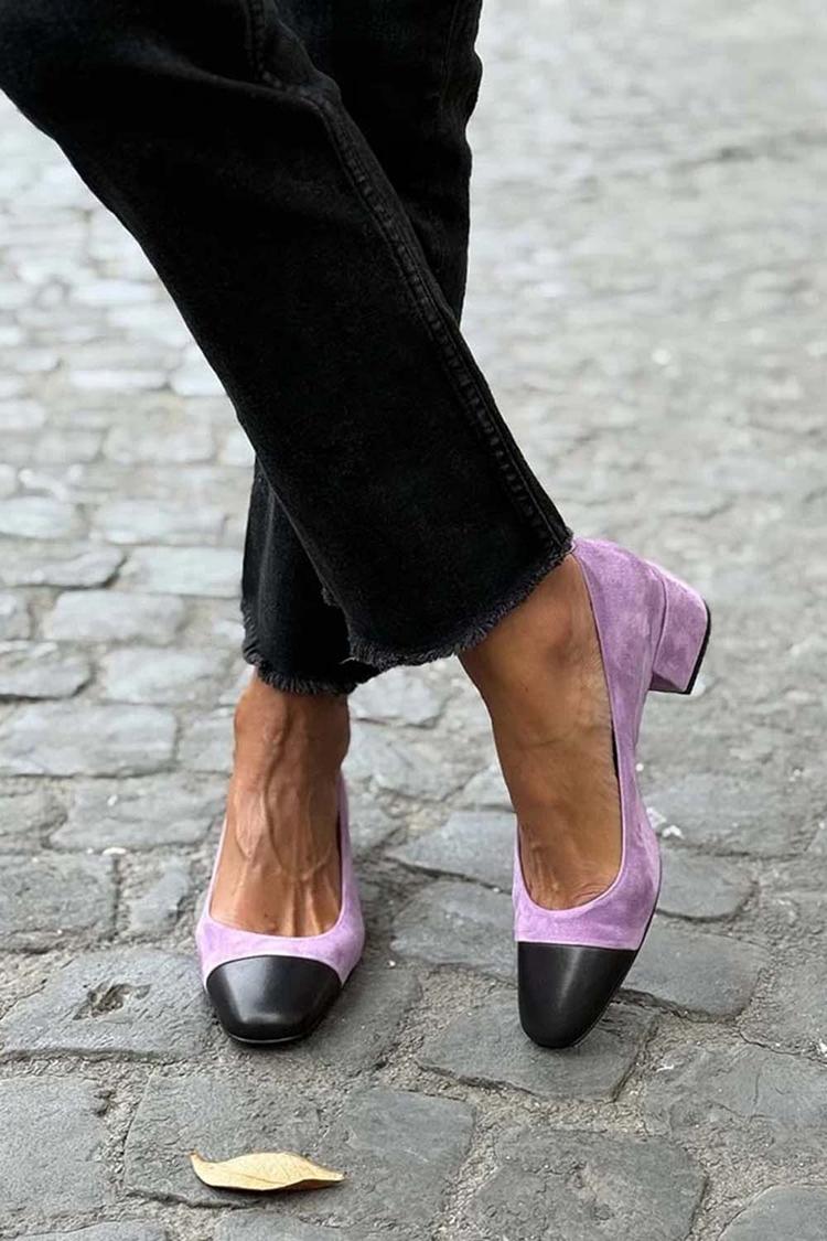 Suede Colorblock Round Toe Low Block Heels