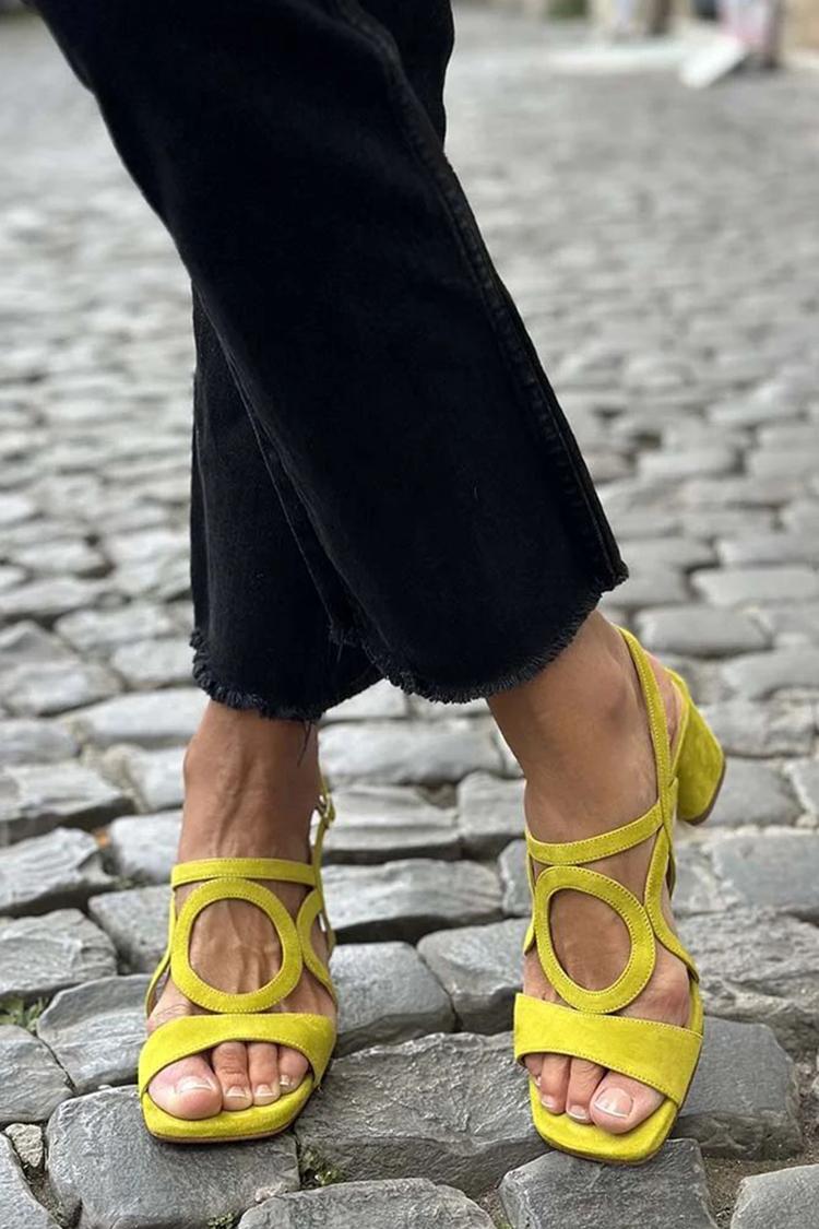 Sandali con tacco, punta quadrata, cinturino posteriore, taglio rotondo, gialli