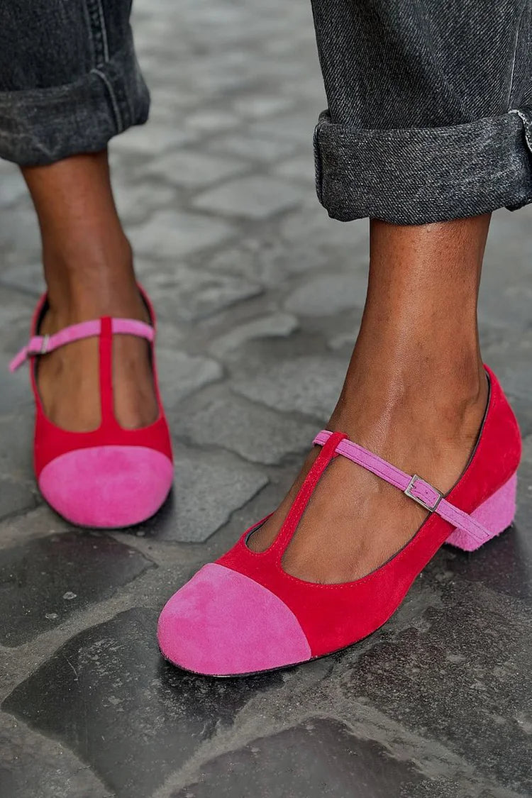 Scarpe con tacco grosso rosse con punta tonda e cinturino a T colorblock