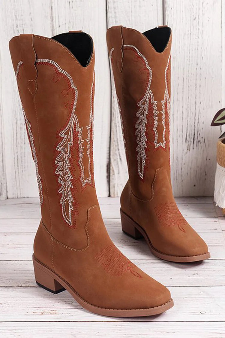 Stivali alti fino al ginocchio con punta quadrata e ricamo colorblock patchwork