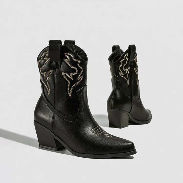 Stivali western con punta a punta, tacco spesso, patchwork, da infilare