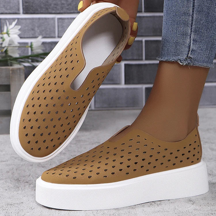 Lässige einfarbige hohle Plateau-Loafer mit U-förmigem Ausschnitt