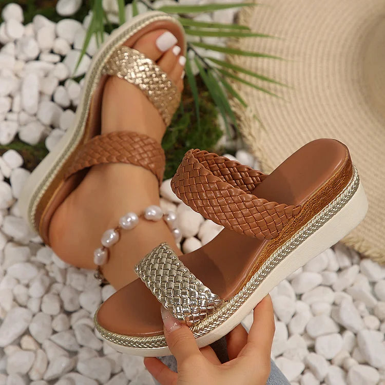Colorblock Woven Instep Strap Open Toe Casual Wedge Slippers
