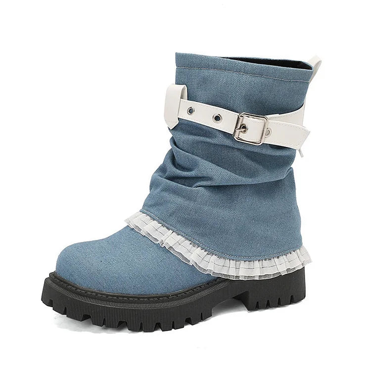 Stivaletti alla caviglia con punta tonda, pieghe e patchwork di pizzo con cinturino color block e fibbia