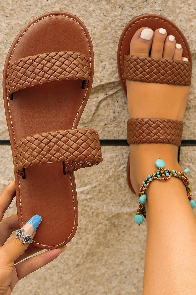 Chinelos Casuais Simples com Tiras de Costura no Dedo e Parte Superior Redonda Trançada