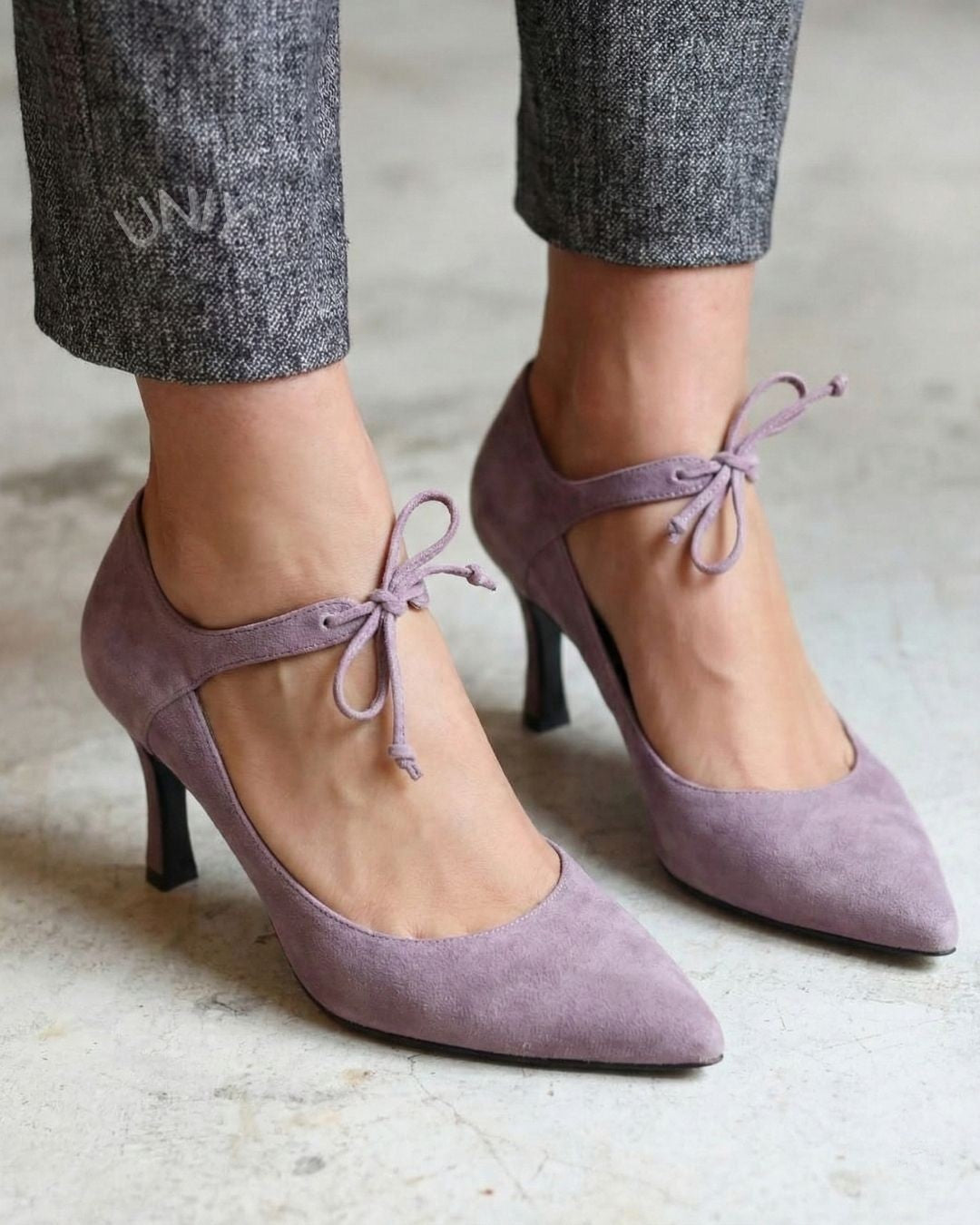 Elegant Purple Suede Pointed Toe Ankle Tie Bow Stiletto Heels