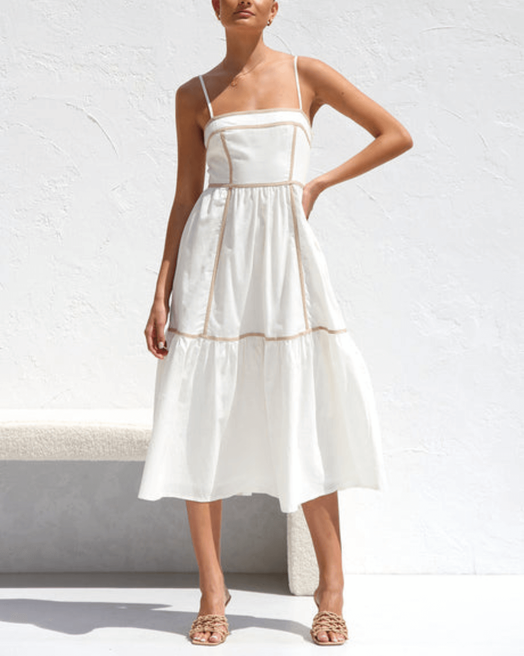 Contrast Taupe Trimming Midi Dress