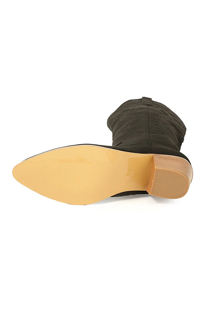 Botas altas hasta la rodilla con tacón grueso y parches de punta puntiaguda y bordado