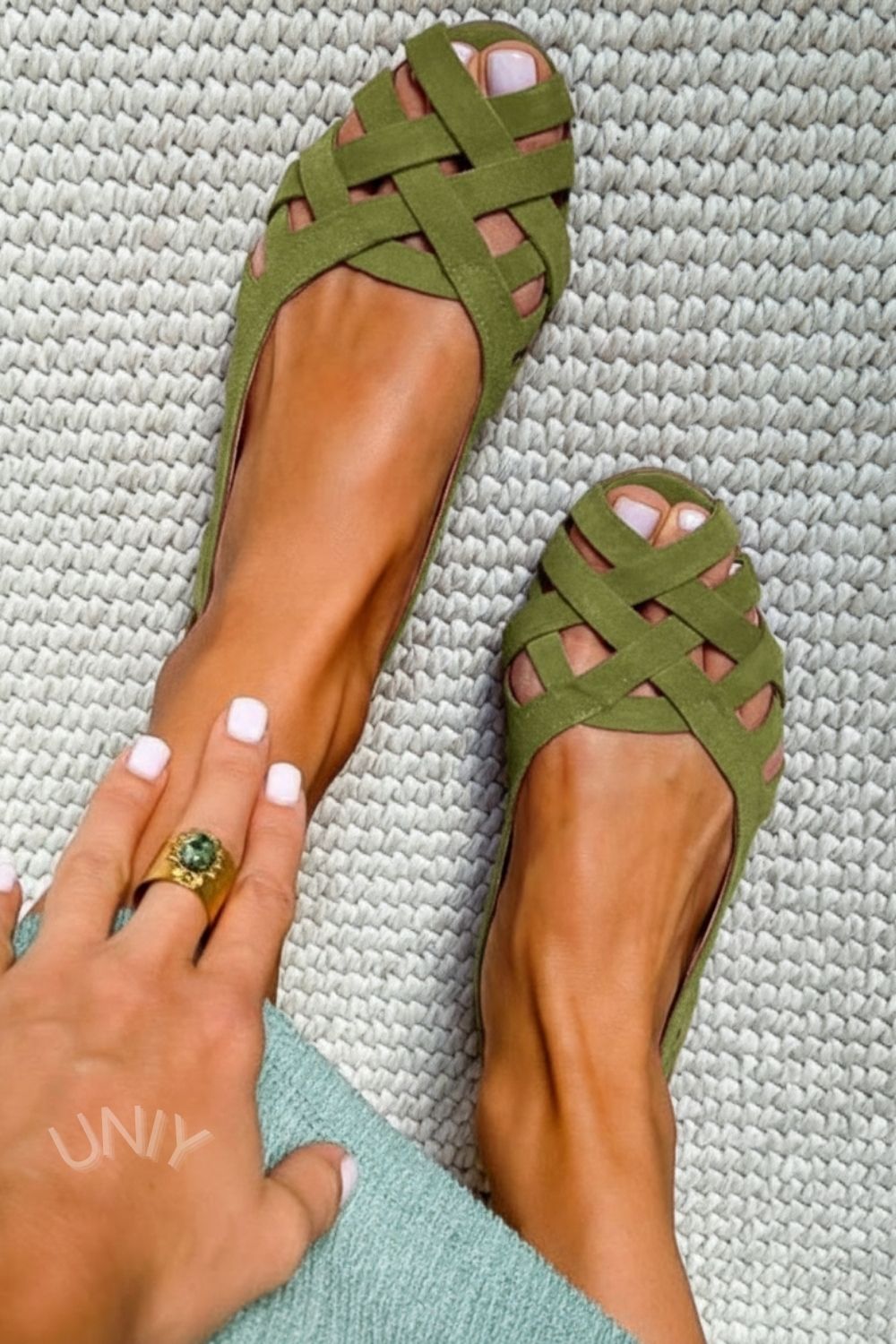 Olive Green Woven Strap Round Toe Versatile Sandals