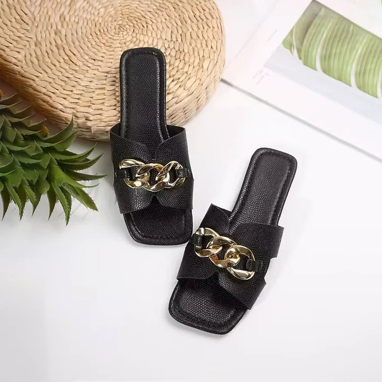 Metal Chain Decor Snake Print Cutout Square Toe Slippers