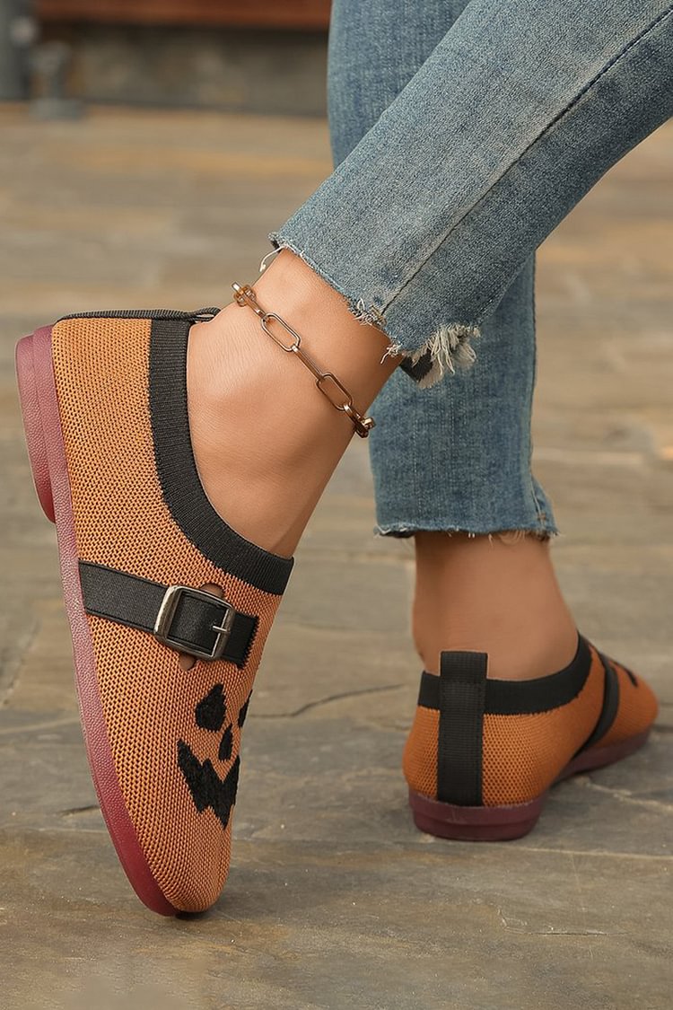 Kolorowy pasek z wzorem dyni na Halloween, ozdobna klamra, baleriny z okrągłym noskiem