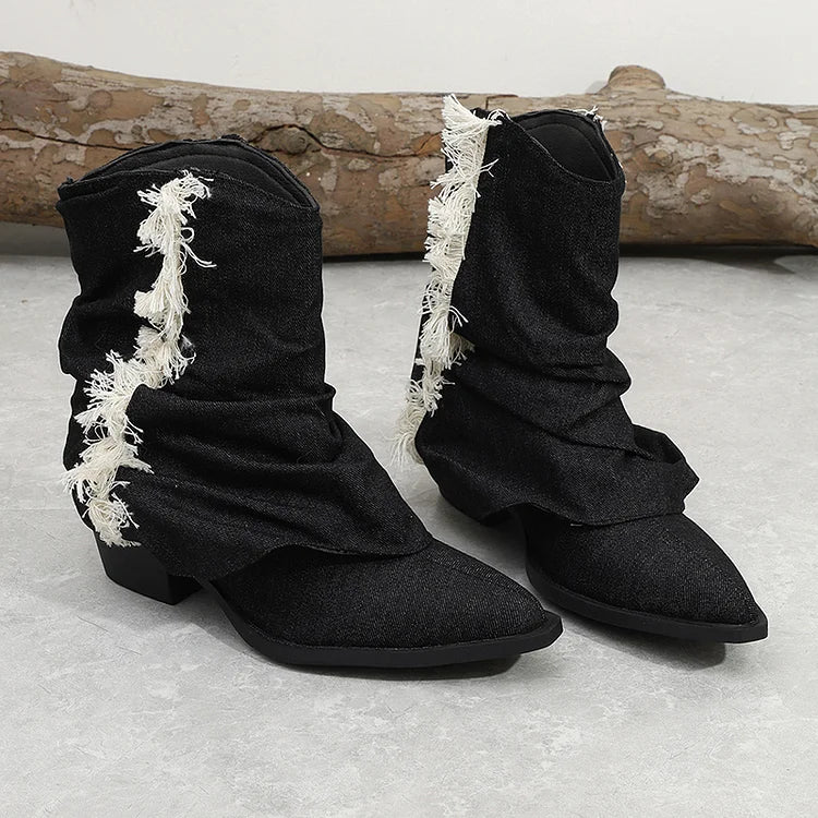 Colorblock Tassels Decor Fold Pointed Toe Chunky Heel Mid Boots