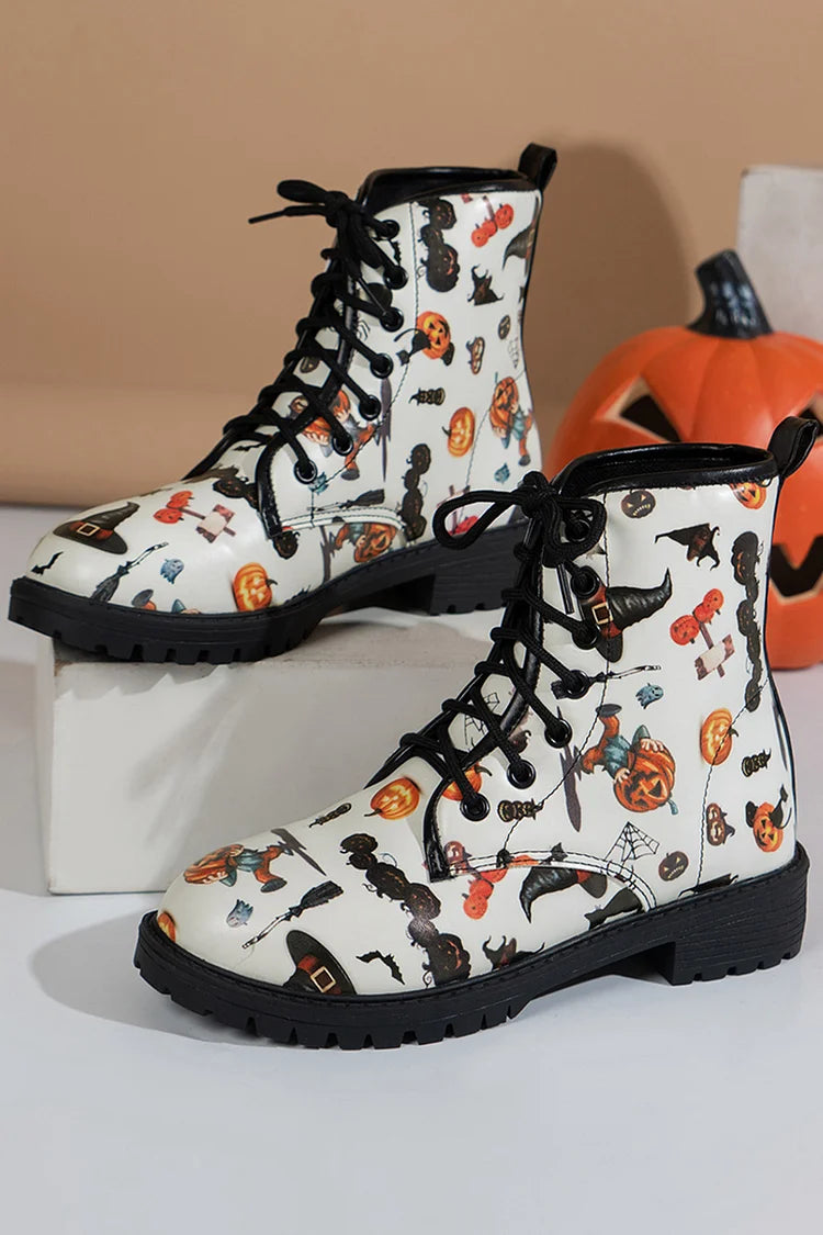 Colorful Floral Print Round Toe Low Block Lace Heels Up Ankle Boots