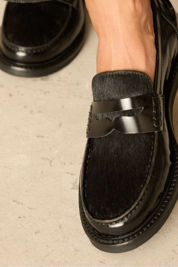 Mocassins à bout rond en cuir véritable et poil de veau