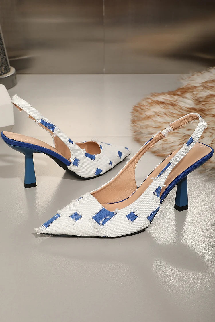 Colorblock Raw Trim Denim Pointed Toe Slingback Stiletto Heels