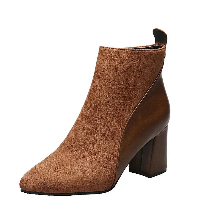 Stivaletti alla caviglia con cerniera, punta affilata e tacco spesso patchwork