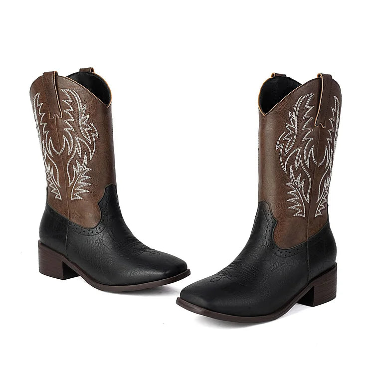 Stivali da infilare con punta quadrata ricamata, tacco spesso, patchwork