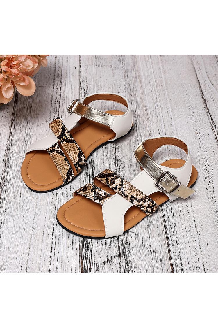 Sandali casual con punta tonda, cinturino alla caviglia, fibbia e stampa serpente color block