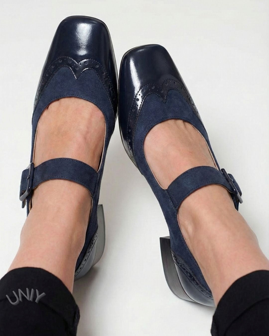 Stylish Navy Color Block Strap Square Toe Block Heels