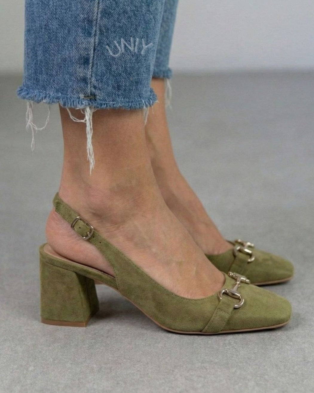 Chic Green Metal Buckle Square Toe Slingback Block Heels