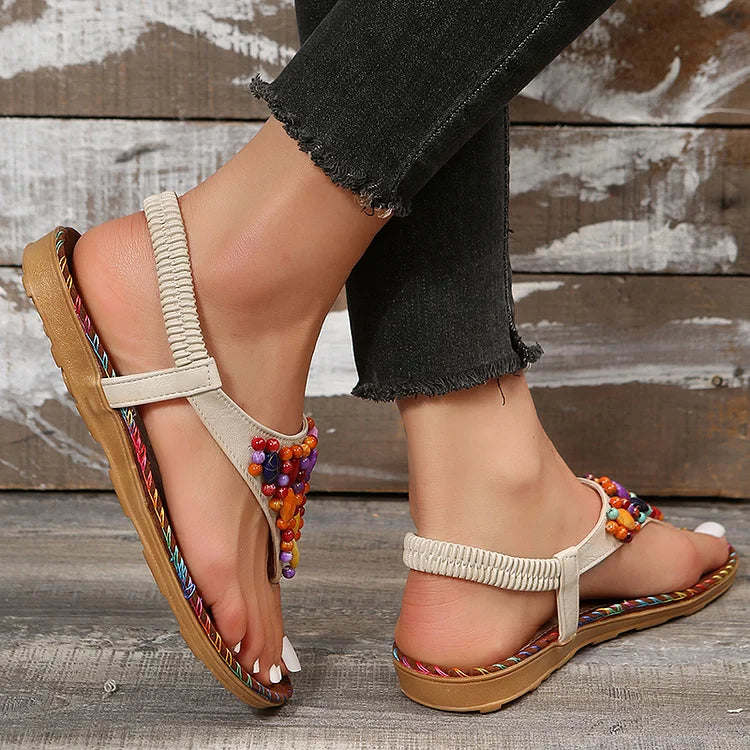 Dettaglio Gemma Perline Cucitura Colorata Elastico Infradito Ciabatte Retro Sandali