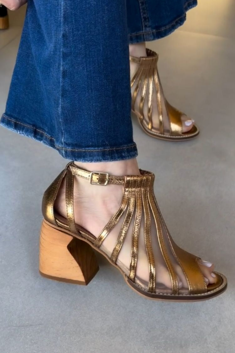 Gold Woven Strap Open Toe Ankle Strap Block Sandals