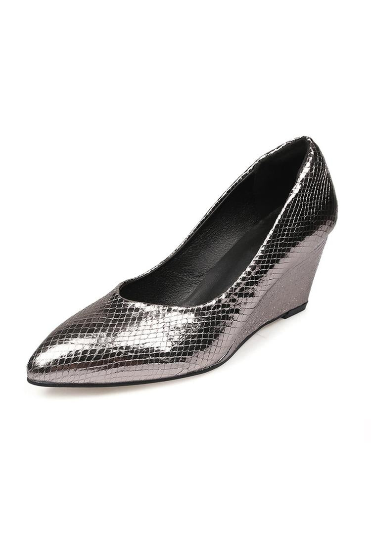 Scarpe con tacco a zeppa casual a punta con stampa serpente in tinta unita