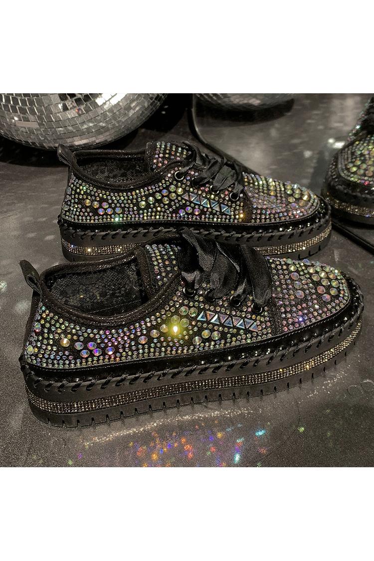 Sneakers casual con plateau e lacci, punta rotonda, decorazioni geometriche in strass