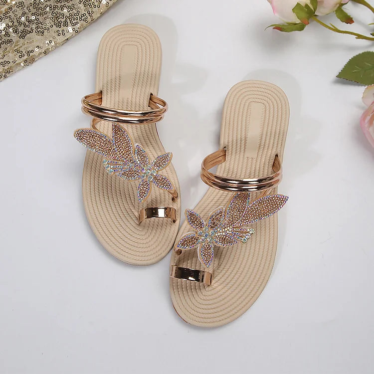 Sandalias casuales de playa con anillo para el dedo del pie y decoración de flores con diamantes de imitación