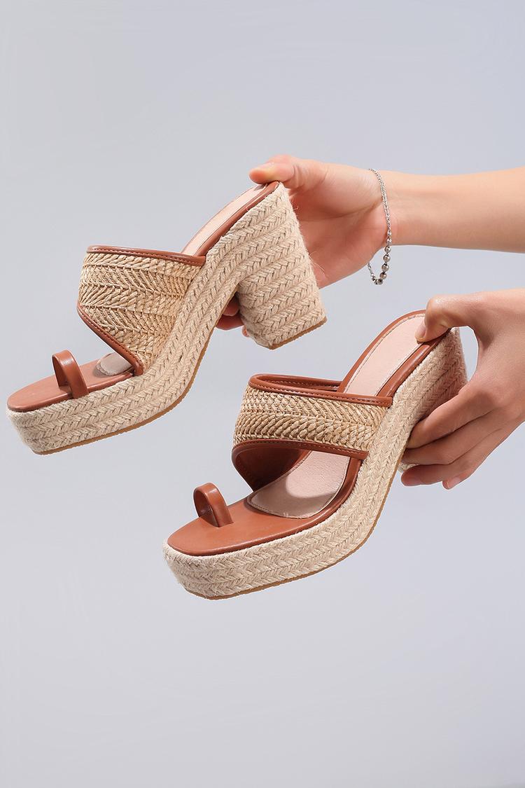 Woven Contrast Trim Toe Ring Casual Platform Chunky Heels