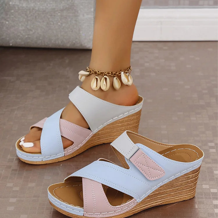 Colorblock Cross Strap Stitch Detail Round Toe Wedge Slippers