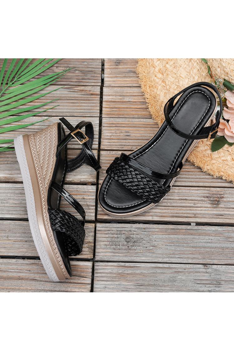 Sandali casual con zeppa, punta rotonda, cinturino intrecciato e finitura metallizzata