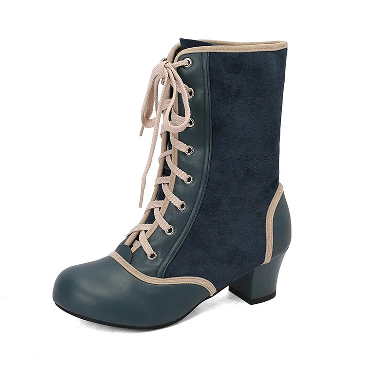 Stivaletti con punta tonda, tacco spesso, allacciati, patchwork con finiture a contrasto