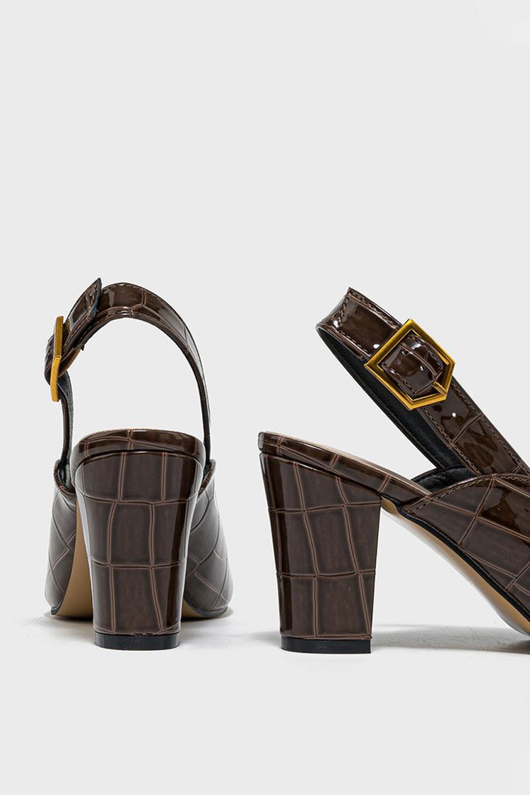 Peep Toe Crocodile Print Slingback Buckle Strap Chunky Heels