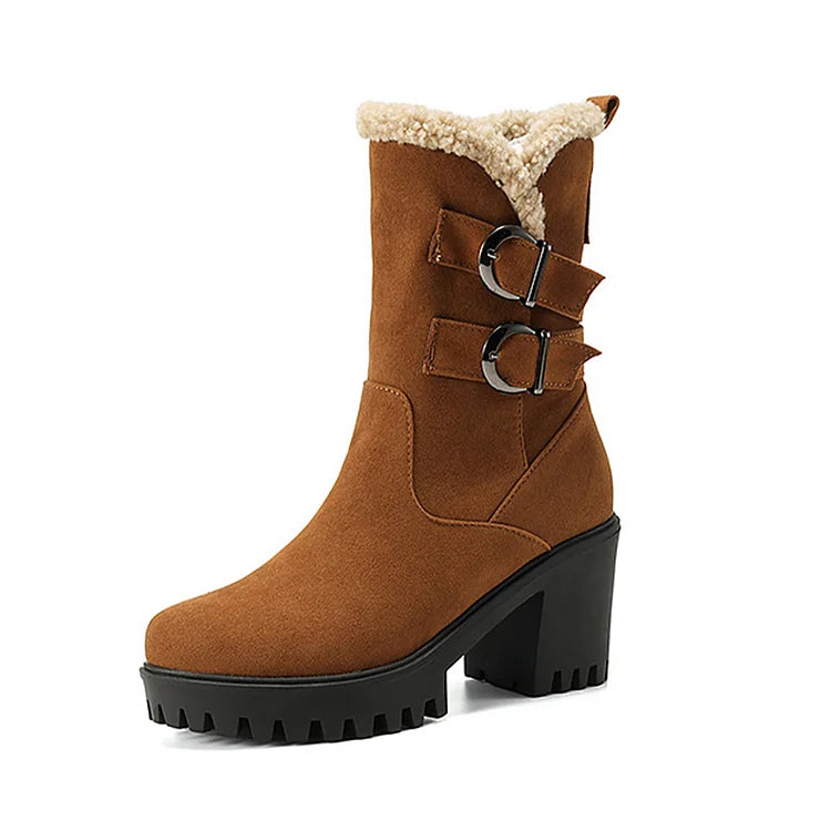 Stivali alti con punta tonda, tacco spesso, due cinturini e fibbie patchwork