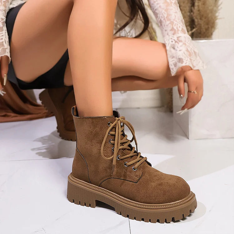 Zebra Pattern Round Toe Chunky Heel Lace Up Martin Boots