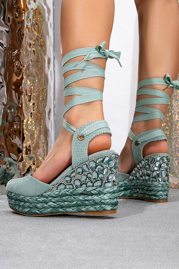 Patchwork Round Toe Rhinestone Decor Cross Tie Up Wedge Heels